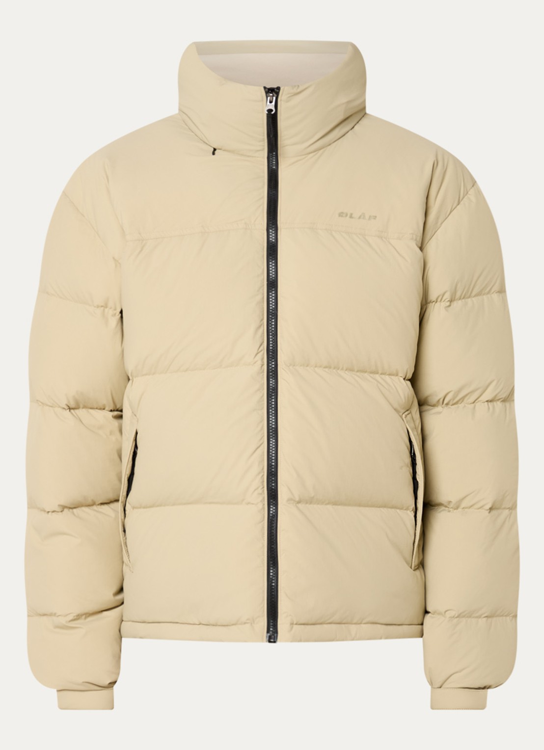 OLAF Puffer jack met ritszakken en opbergbare capuchon - voorkant beige