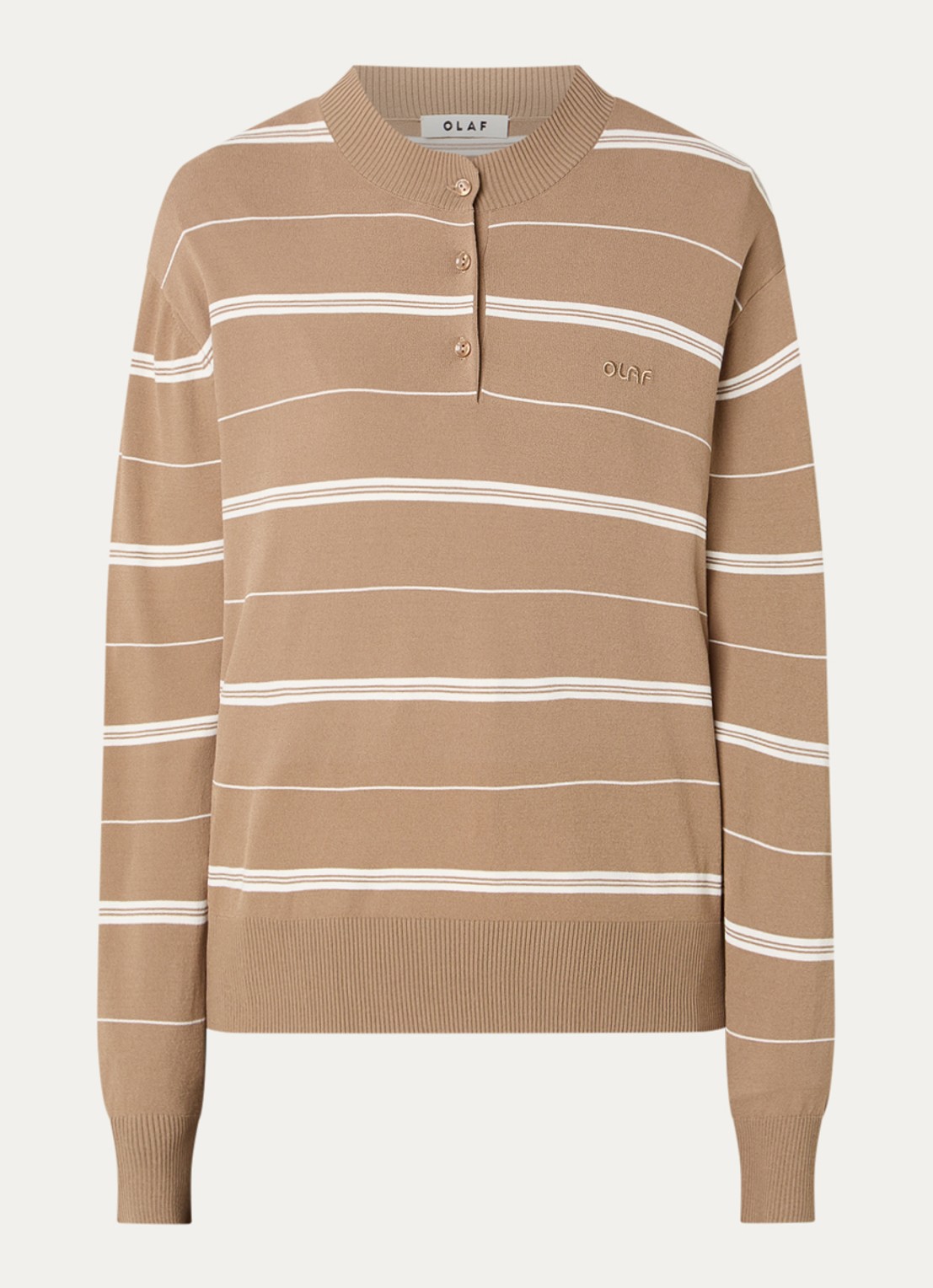 OLAF Pullover met streepprint en logoborduring - voorkant 3 lichtbruin