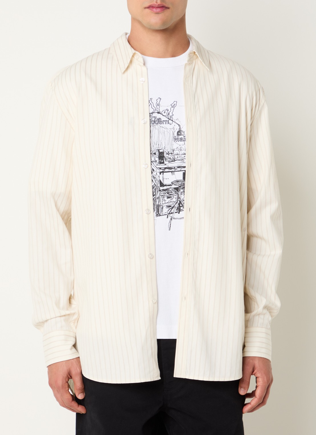 OLAF Stitched regular fit overshirt met streepprint - detail gebroken wit