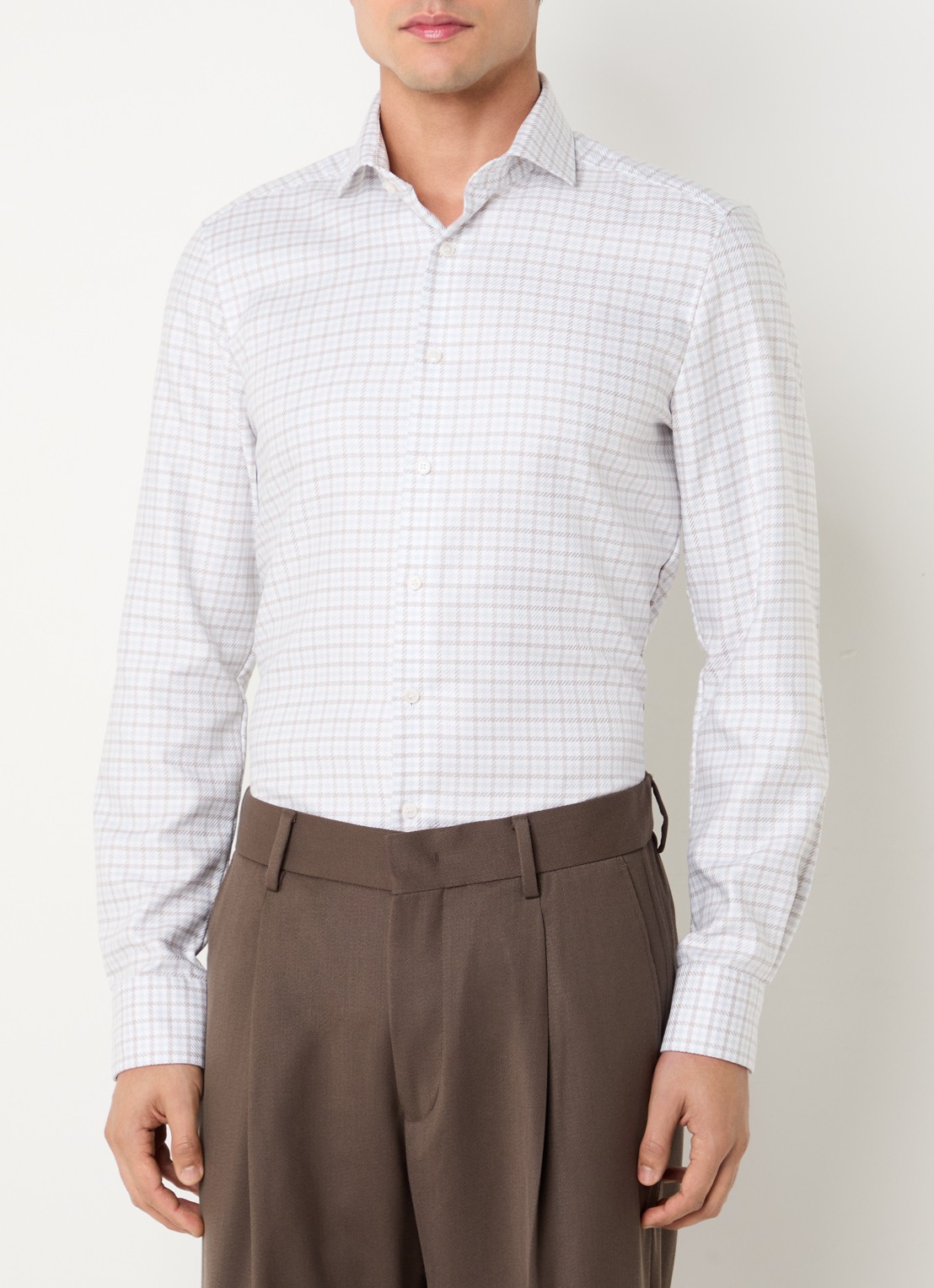 Olymp Level 5 slim fit overhemd met ruitdessin - detail 4 gebroken wit