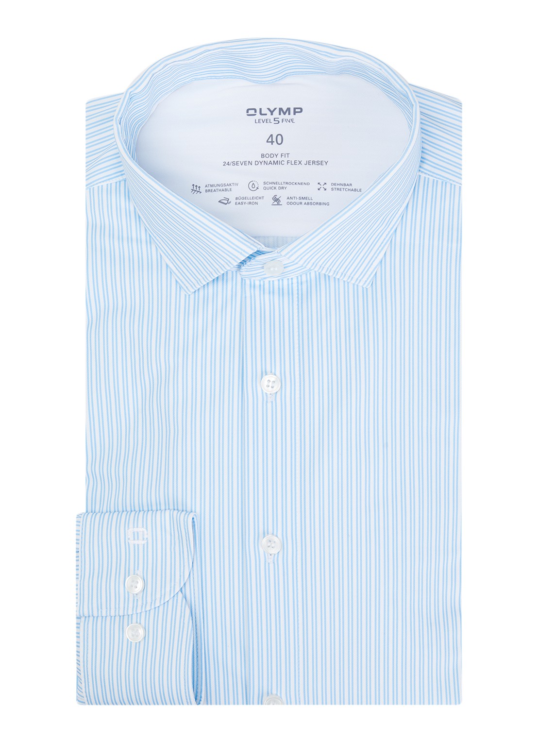 Olymp Level 5 slim fit overhemd van jersey met streepprint - voorkant lichtblauw