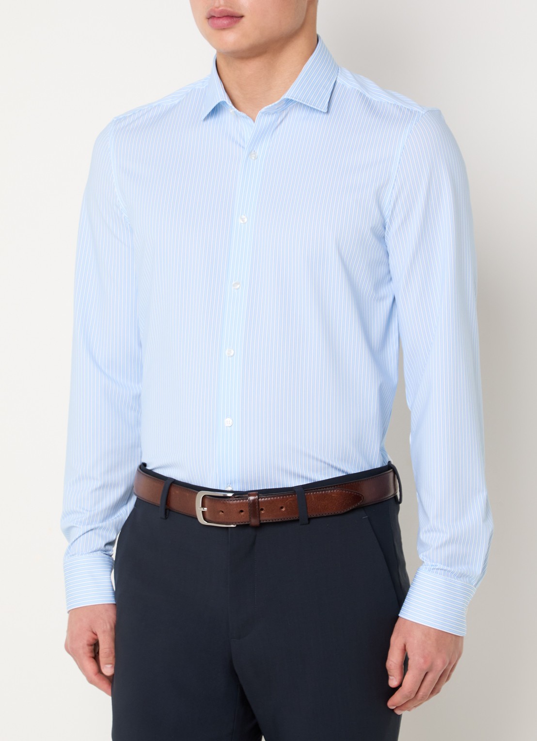 Olymp Level 5 slim fit overhemd van jersey met streepprint - detail 3 lichtblauw