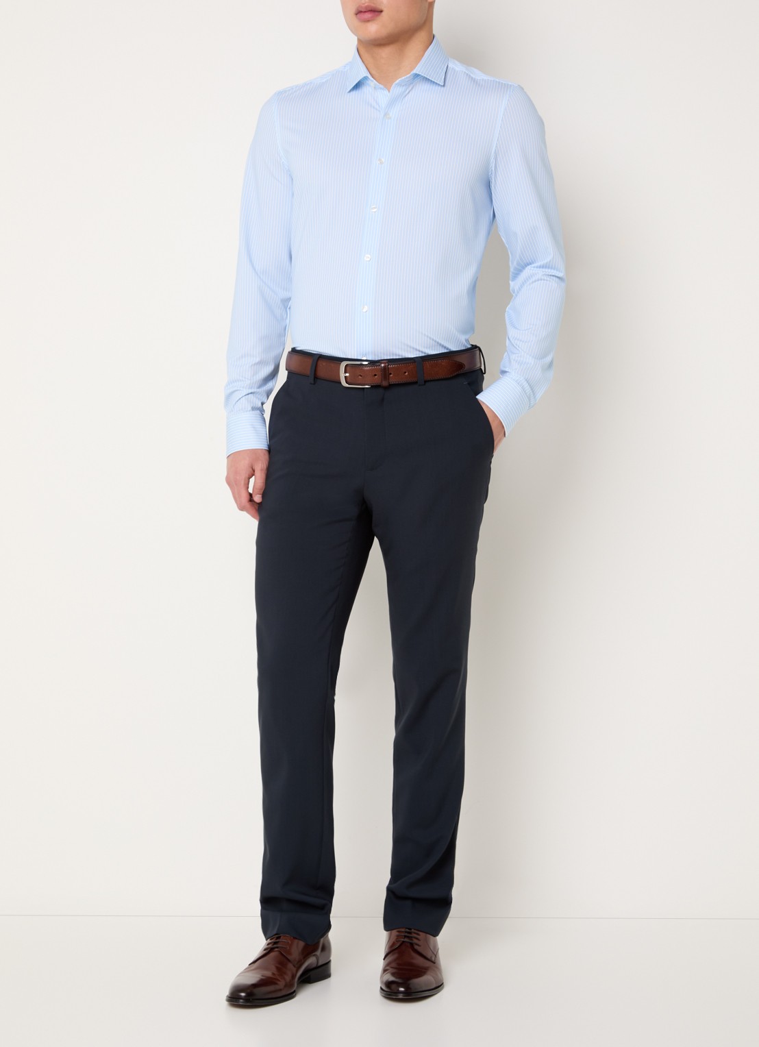 Olymp Level 5 slim fit overhemd van jersey met streepprint - voorkant 2 lichtblauw