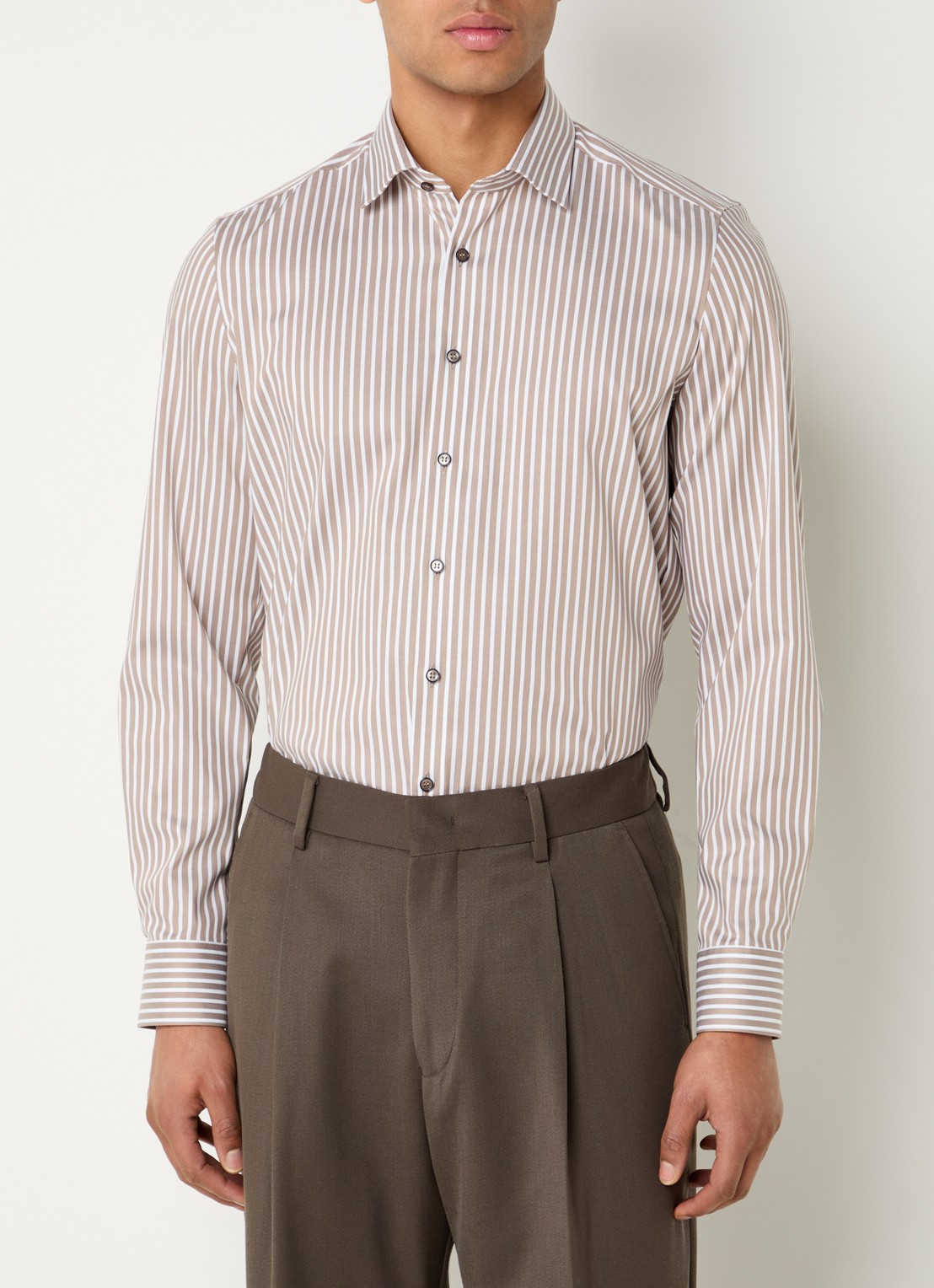 Olymp Level 5 slim fit strijkvrij overhemd met streepprint - detail 4 beige