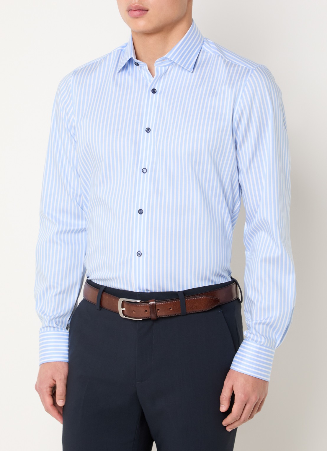 Olymp Level 5 slim fit strijkvrij overhemd met streepprint - detail 3 lichtblauw