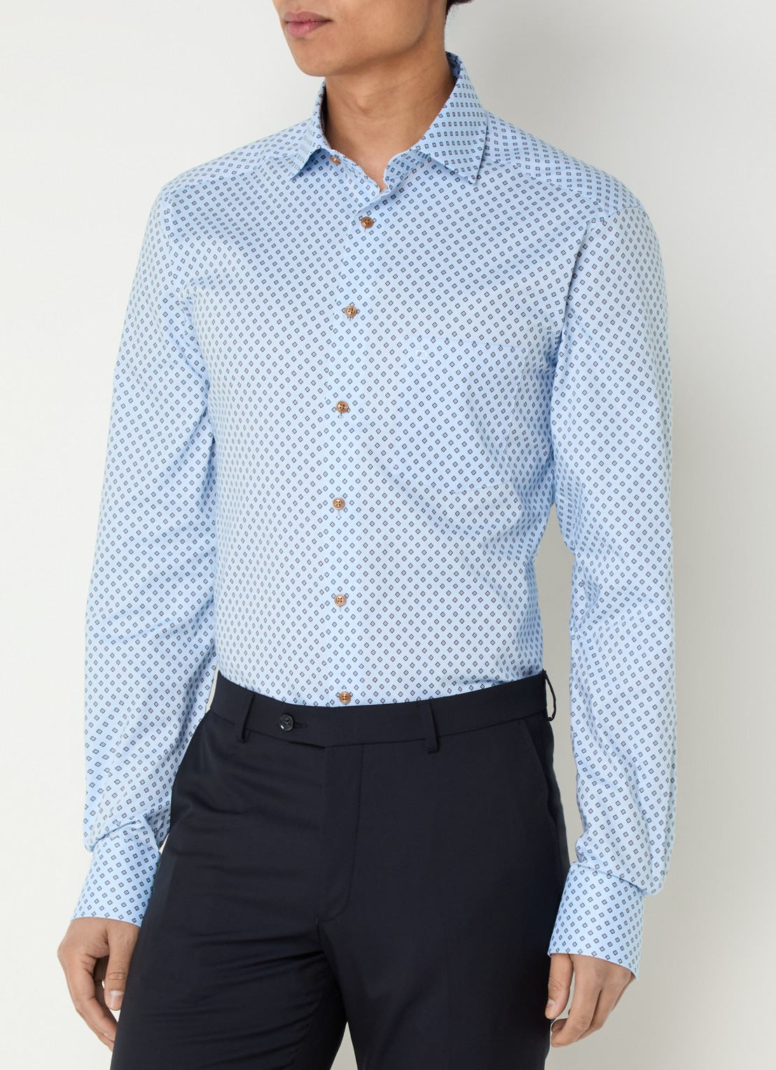Olymp Luxor modern fit overhemd met print en borstzak - detail blauwgrijs