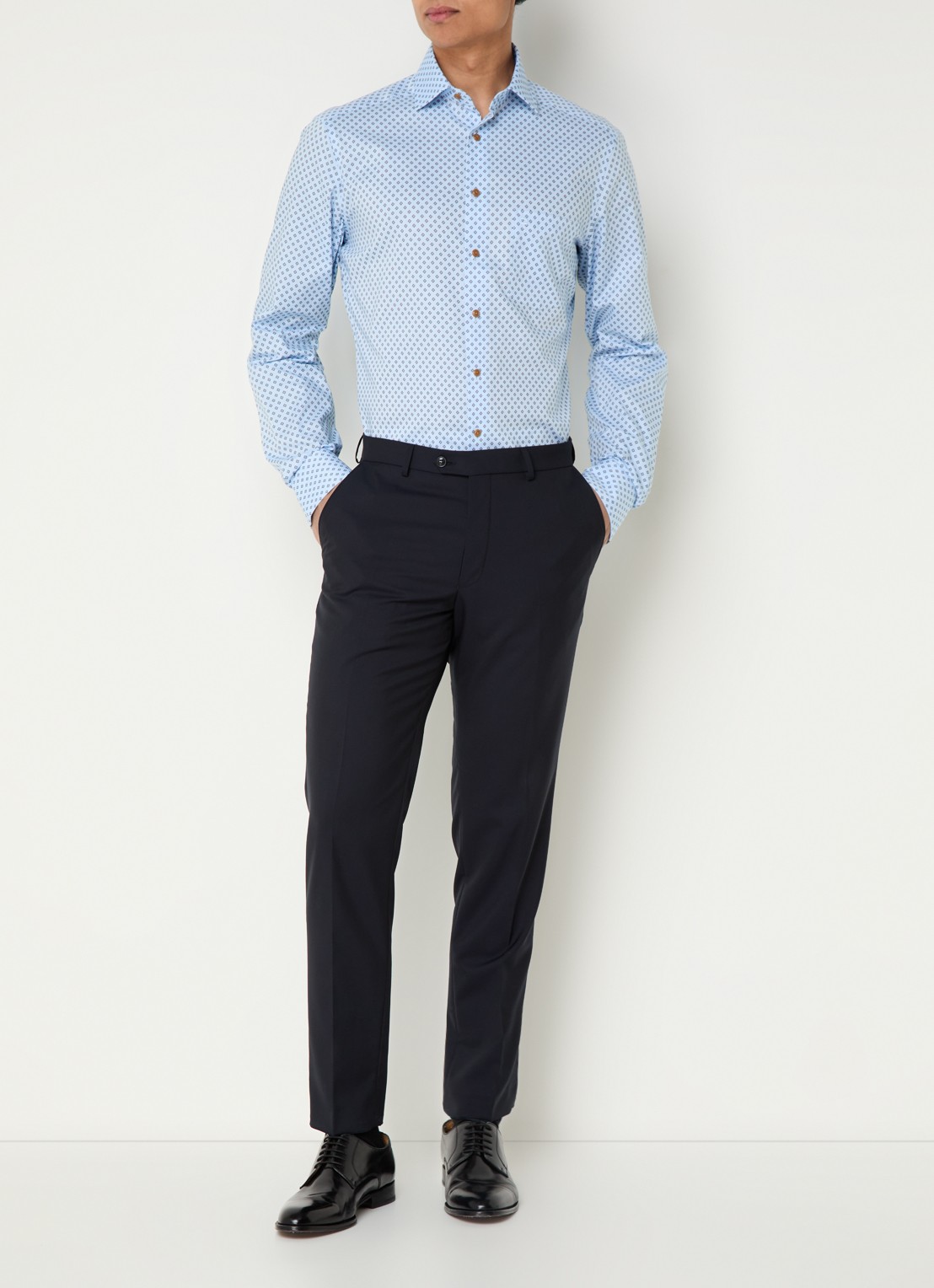 Olymp Luxor modern fit overhemd met print en borstzak - voorkant 5 blauwgrijs