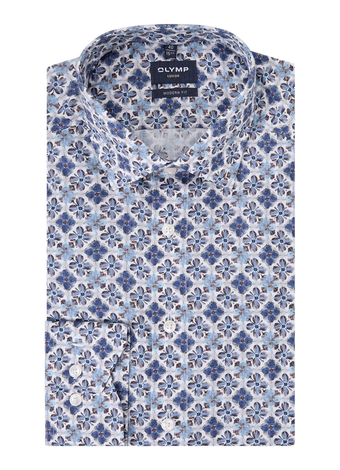 Olymp Luxor regular fit overhemd met bloemenprint - voorkant 4 kobaltblauw
