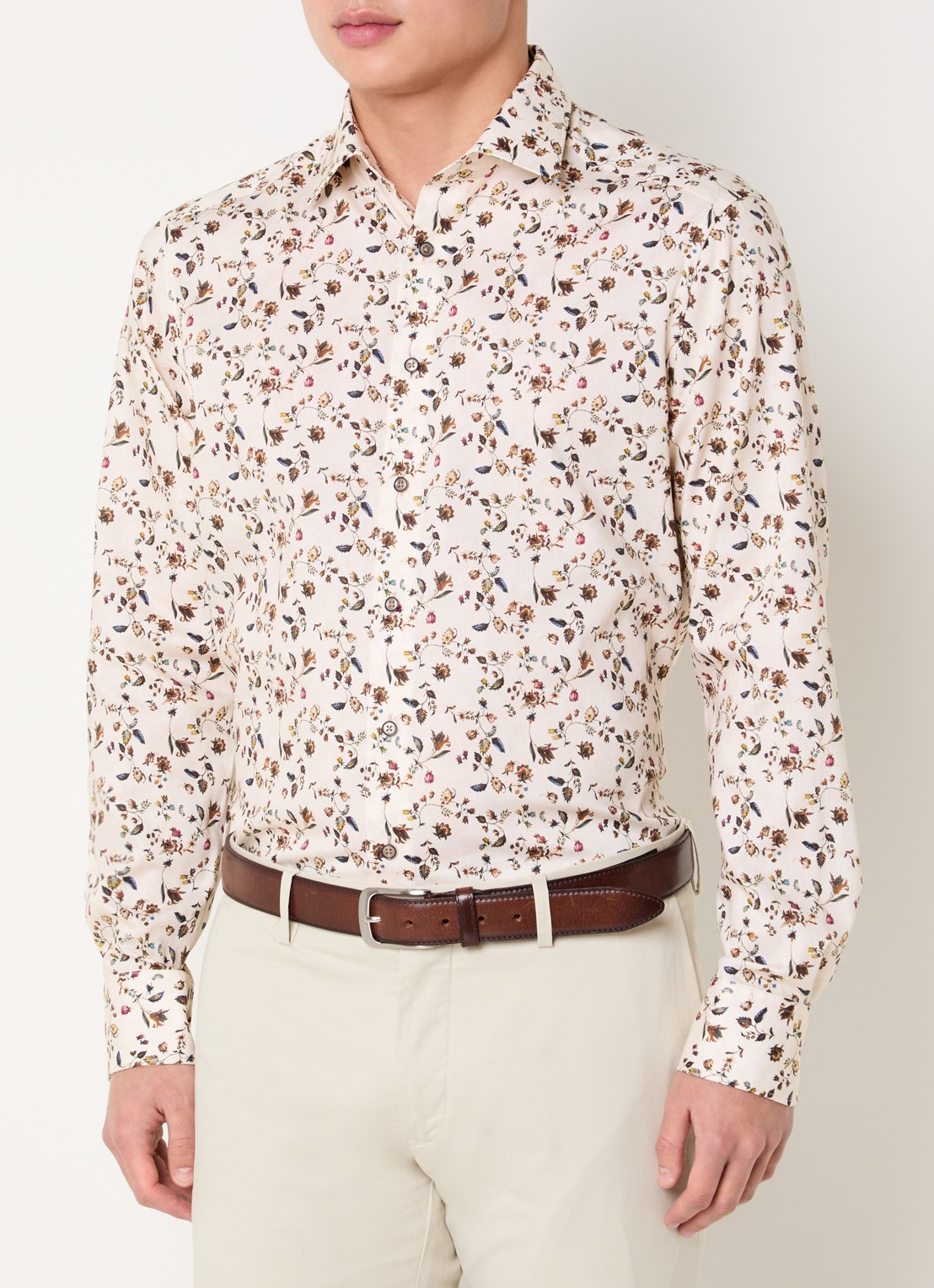 Olymp Luxor regular fit overhemd met bloemenprint - detail 4 naturel