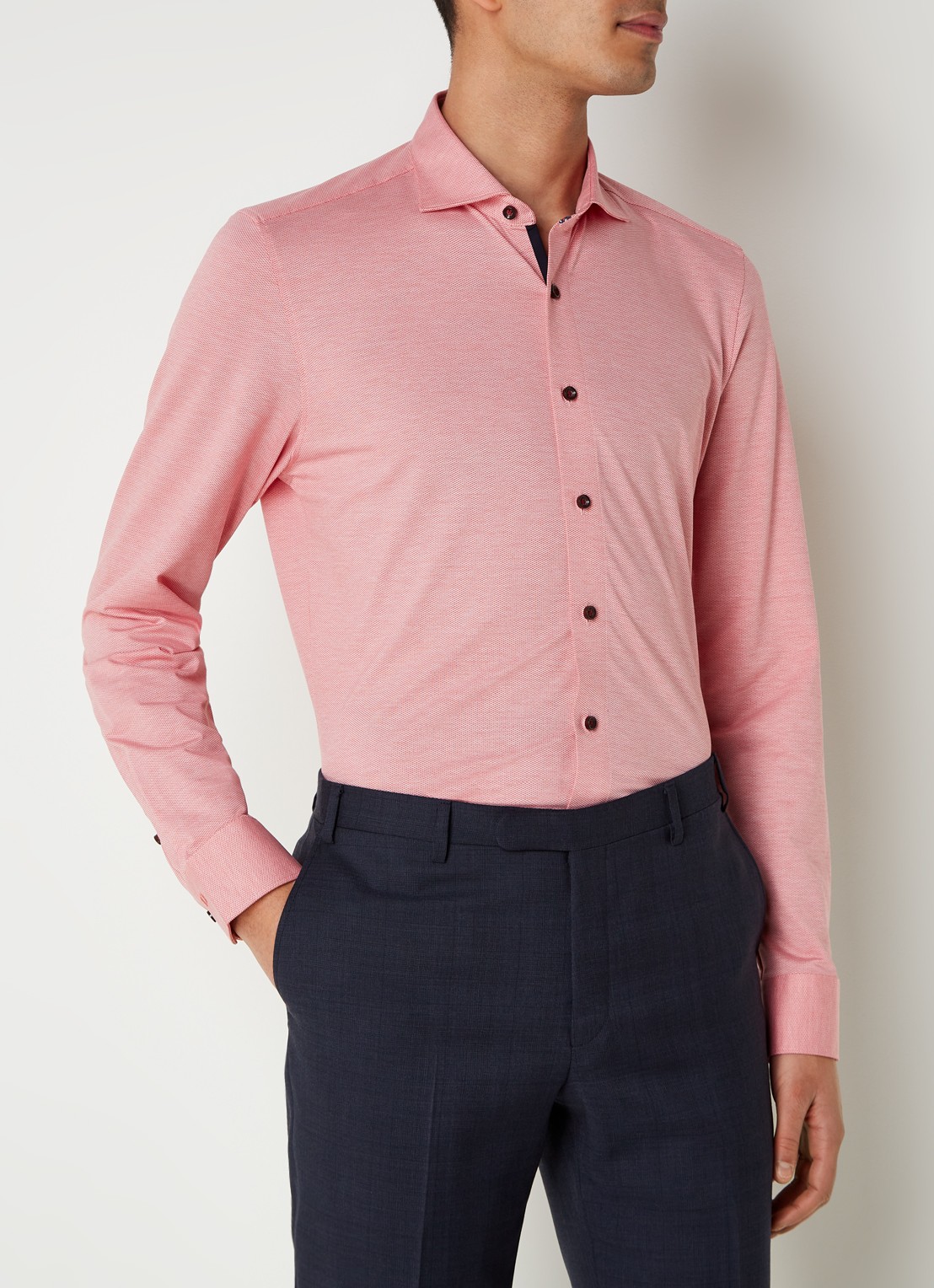 Olymp Regular fit overhemd van jersey - detail zalmroze