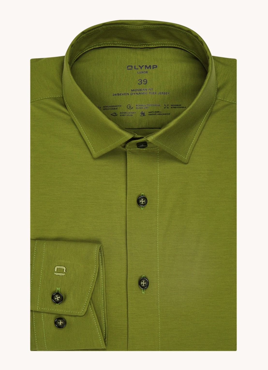 Olymp Regular fit overhemd van jersey - voorkant 2 legergroen