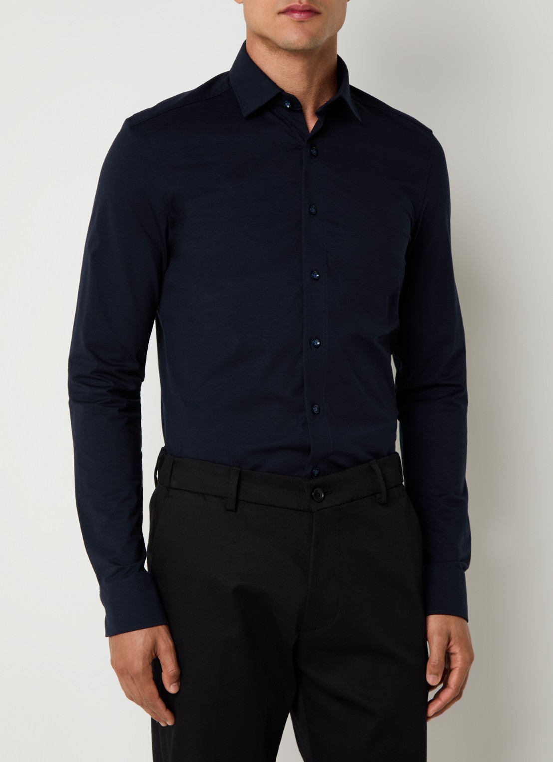 Olymp Regular fit overhemd van jersey - detail 5 donkerblauw