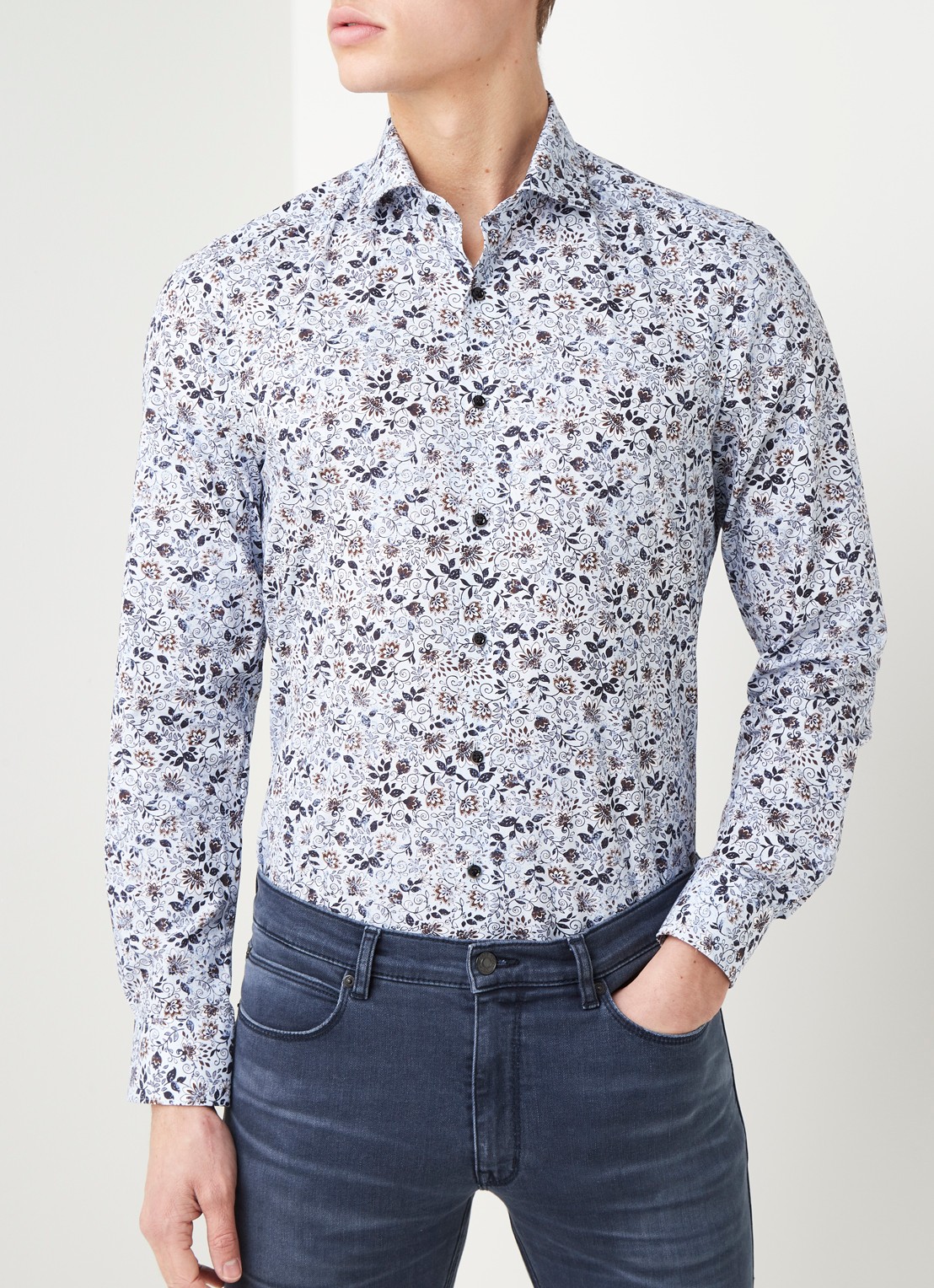 Olymp Slim fit overhemd met bloemenprint - detail 3 blauw