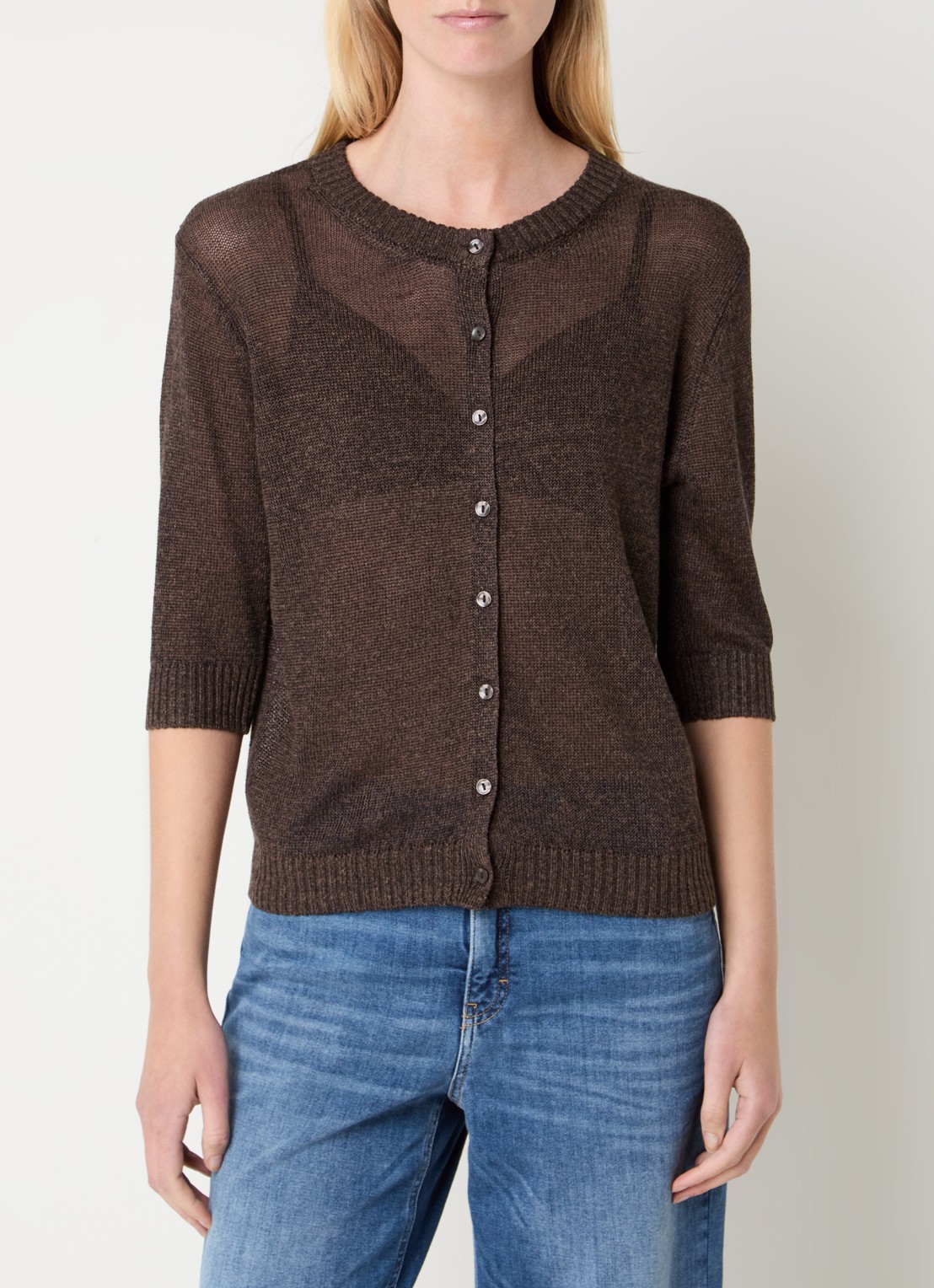 OPUS Datina grofgebreid vest in linnenblend - detail 4 donkerbruin
