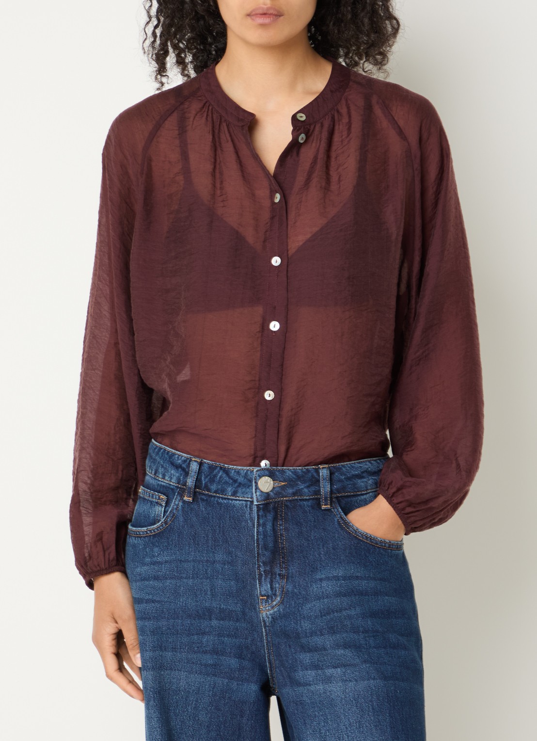 OPUS Fabrielle semi-transparante blouse met ballonmouw - detail 4 kersenrood