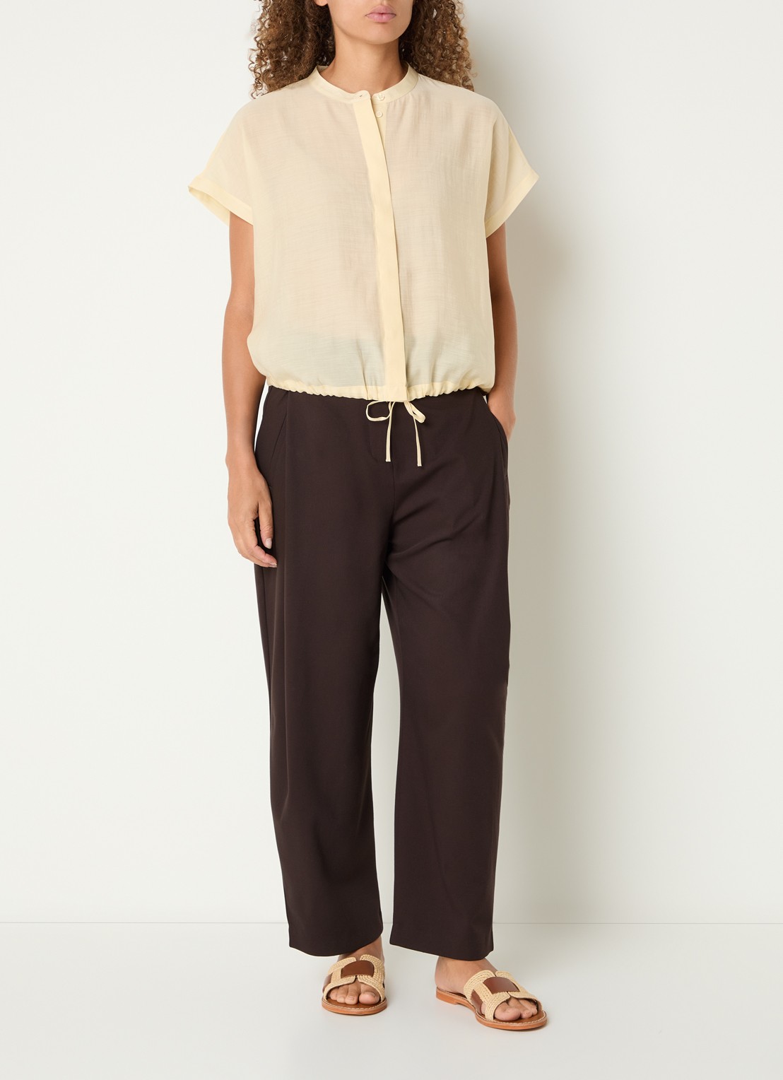 OPUS Fadell semi-transparante blouse met trekkoord - voorkant 4 lichtgeel