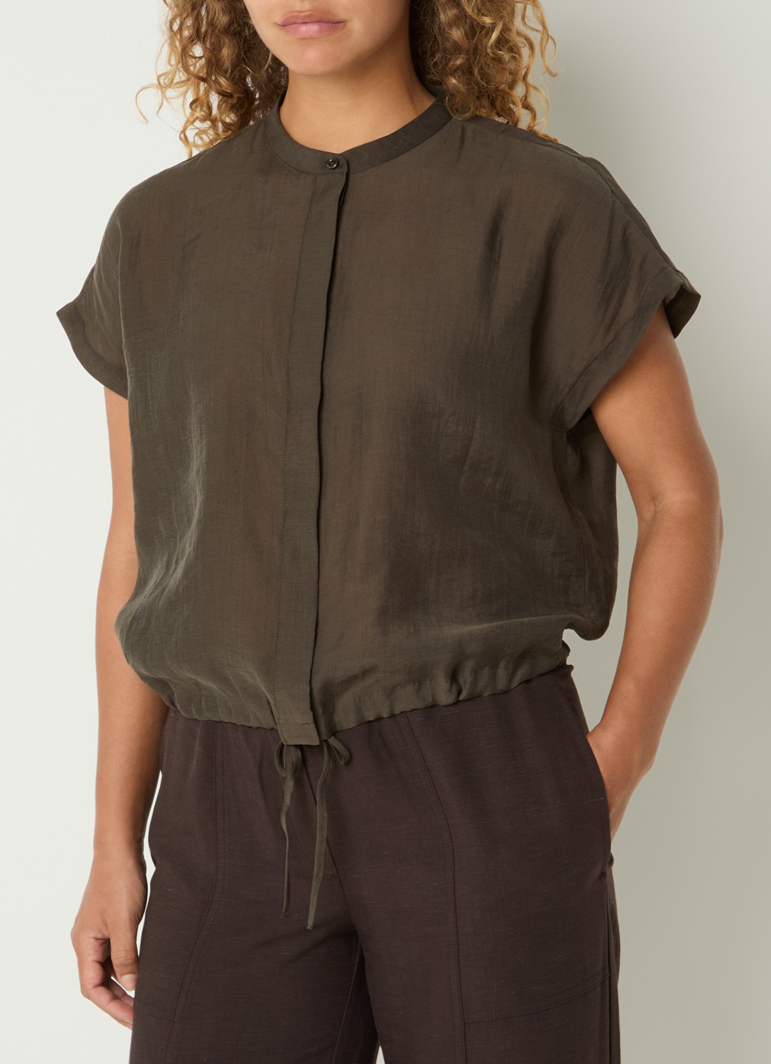 OPUS Fadell semi-transparante blouse met trekkoord - detail 3 bronsgroen
