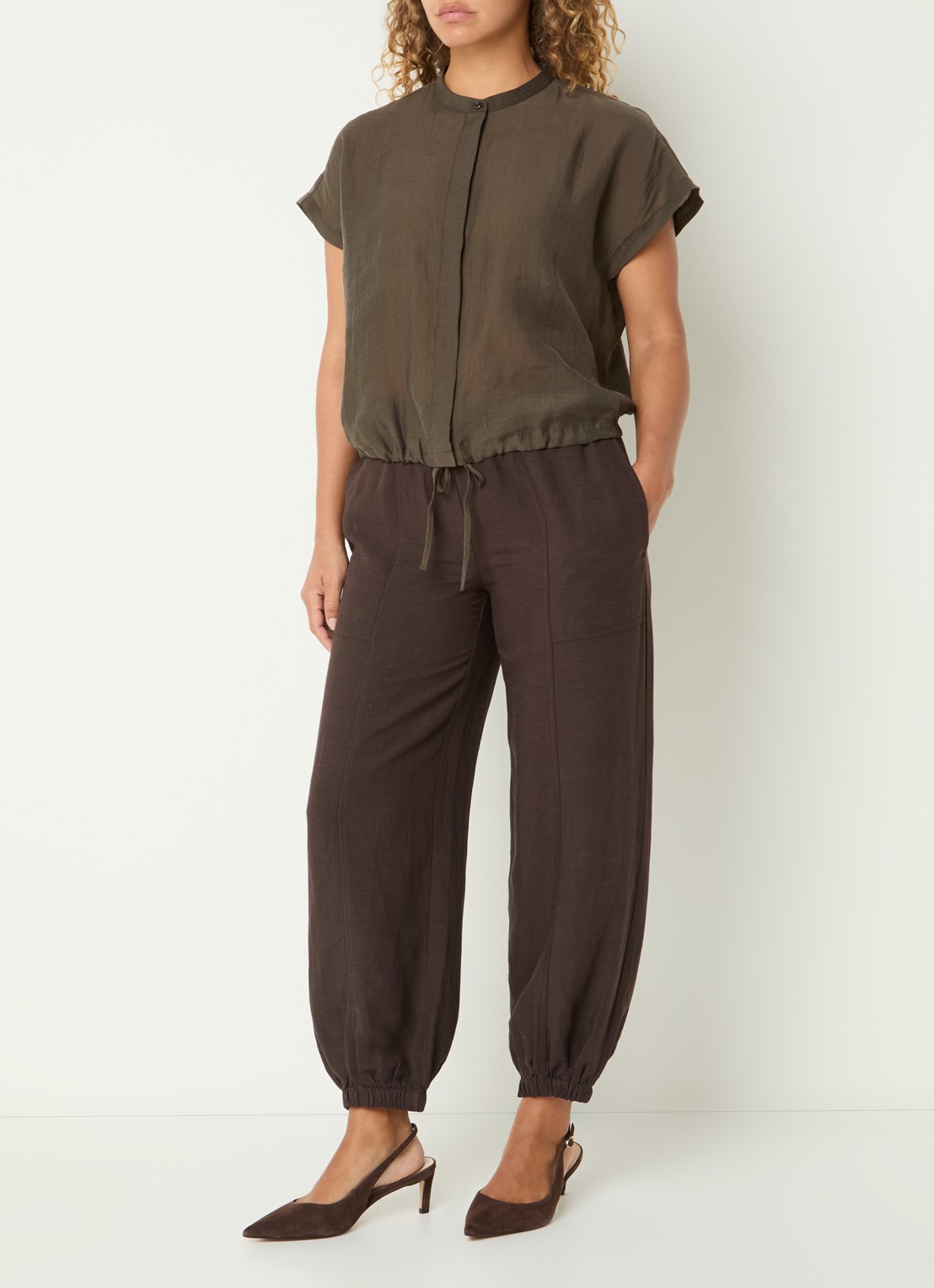 OPUS Fadell semi-transparante blouse met trekkoord - voorkant 2 bronsgroen