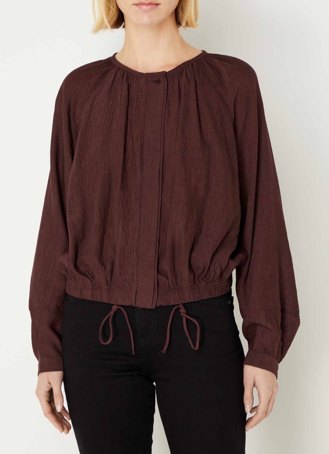 OPUS Faluna blouse met ronde hals - detail 2 donkerbruin