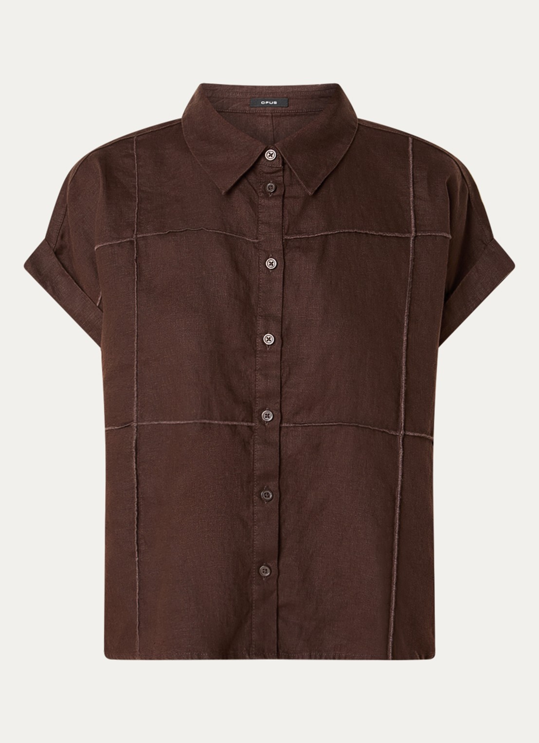 OPUS Felila blouse van linnen met siernaad - voorkant 2 donkerbruin