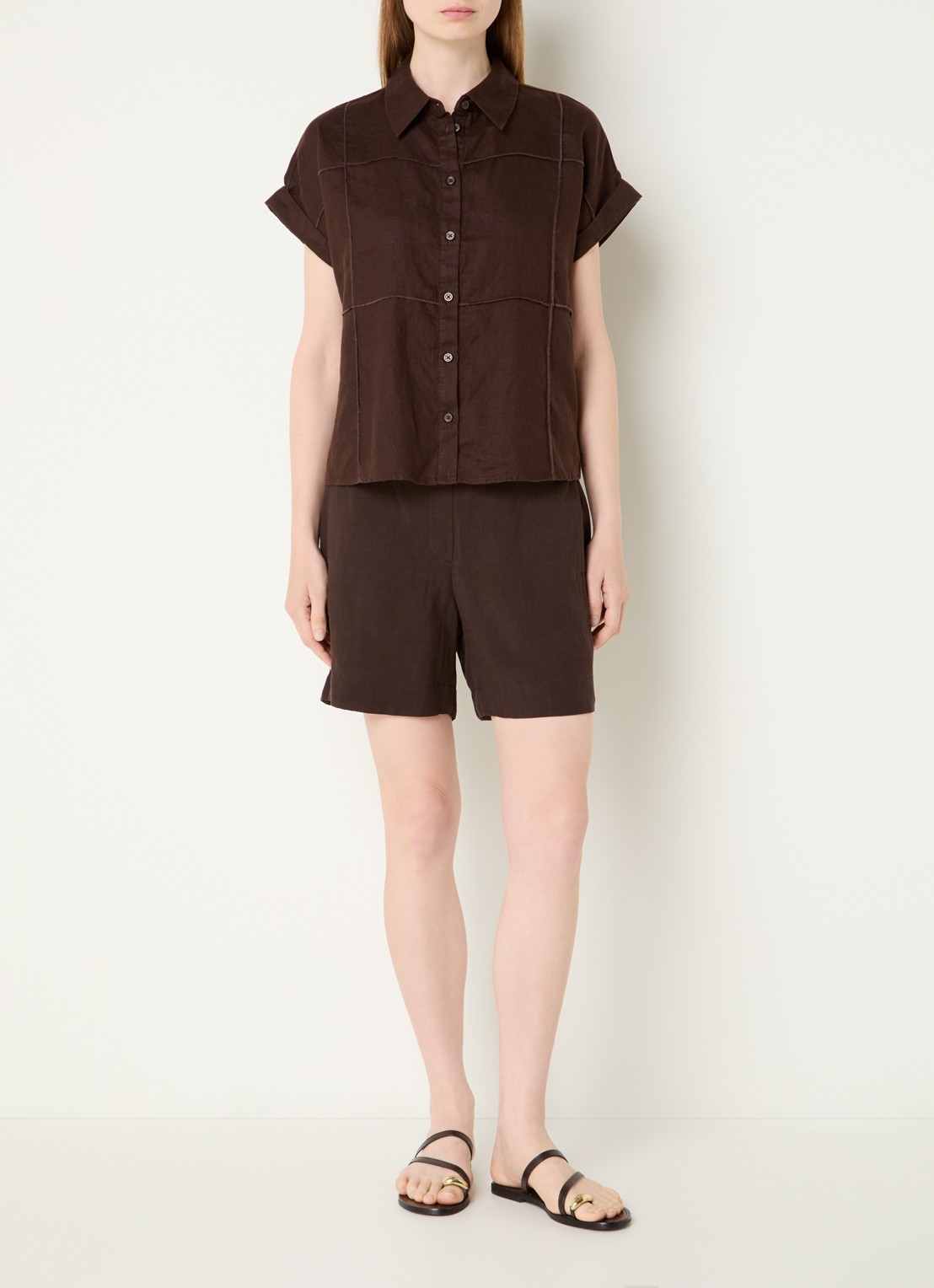 OPUS Felila blouse van linnen met siernaad - voorkant 3 donkerbruin