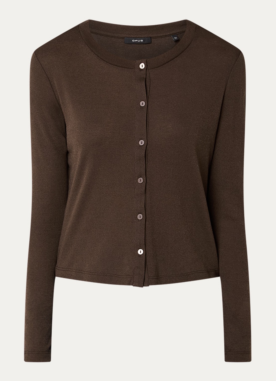 OPUS Fijngebreid vest met ronde hals - voorkant 3 bruin