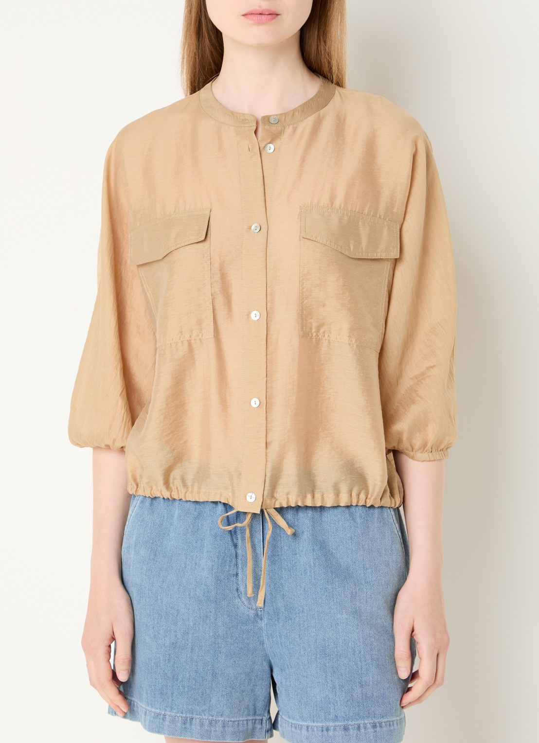 OPUS Funuk blouse in linnenblend met borstzakken - detail camel
