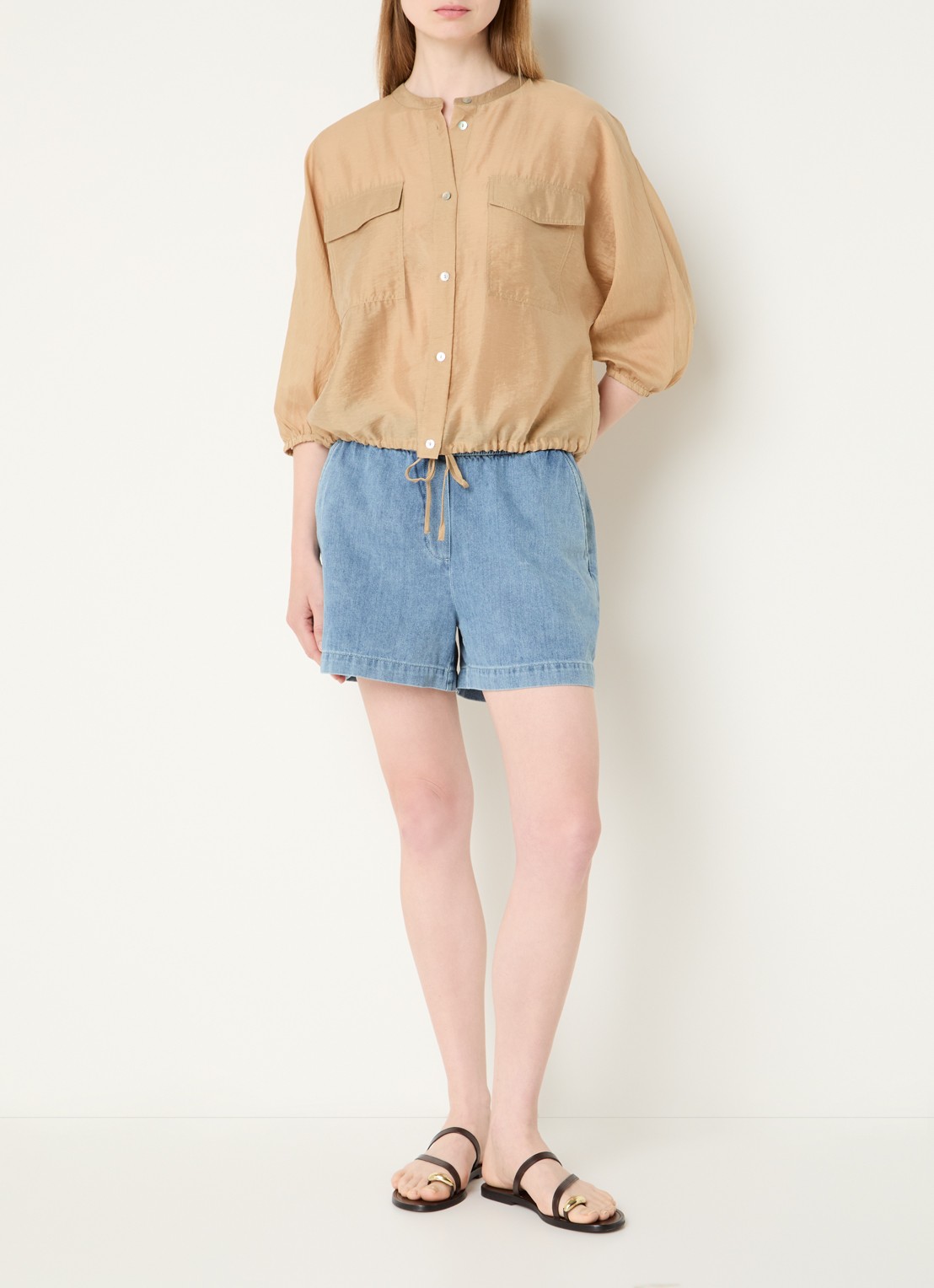 OPUS Funuk blouse in linnenblend met borstzakken - voorkant 3 camel