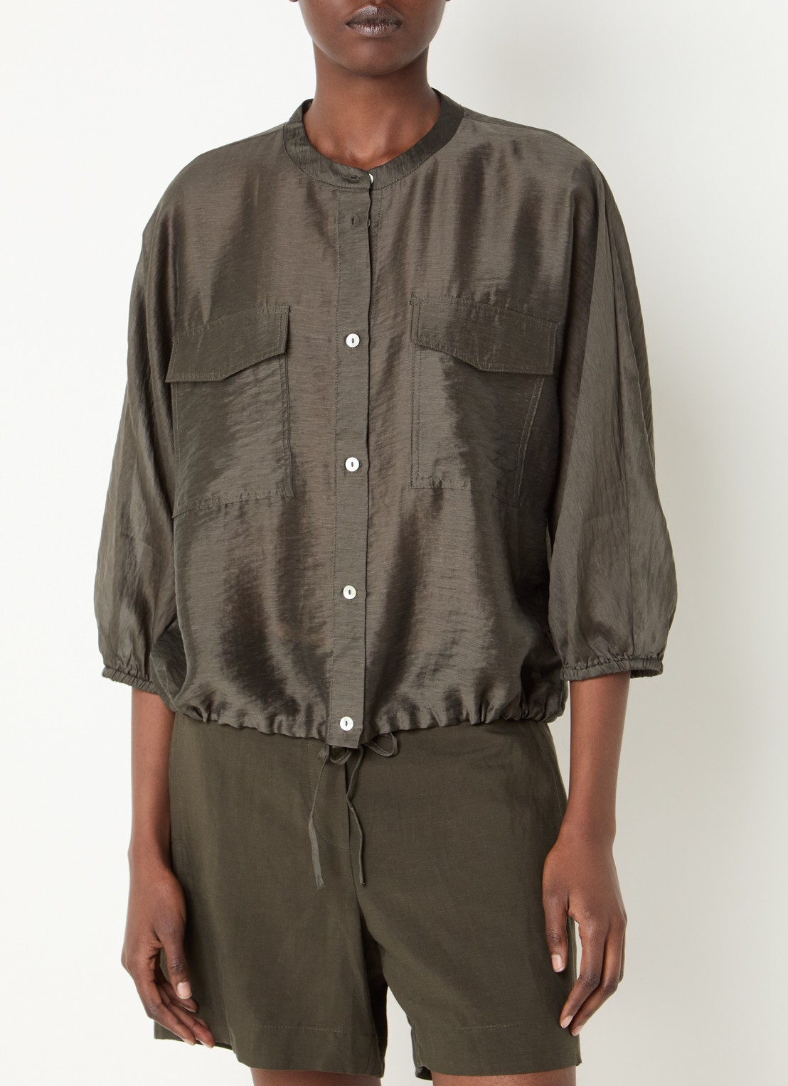OPUS Funuk blouse in linnenblend met borstzakken - detail 4 bronsgroen