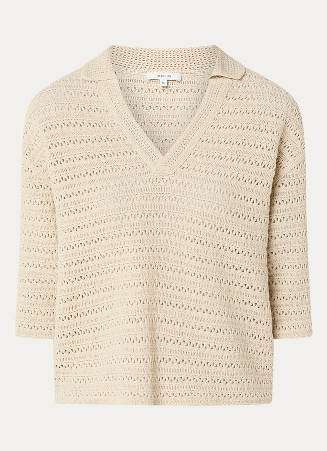 OPUS Garakino polo van crochet met v-hals - voorkant 2 donkerbeige