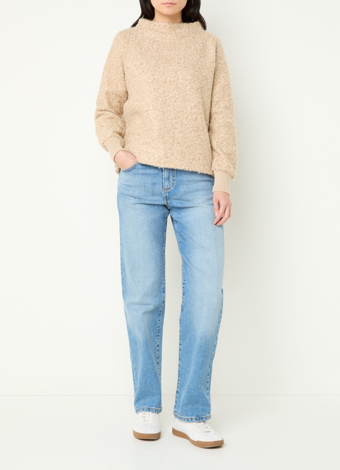 OPUS Gobano grofgebreide trui van bouclé - voorkant 3 beige