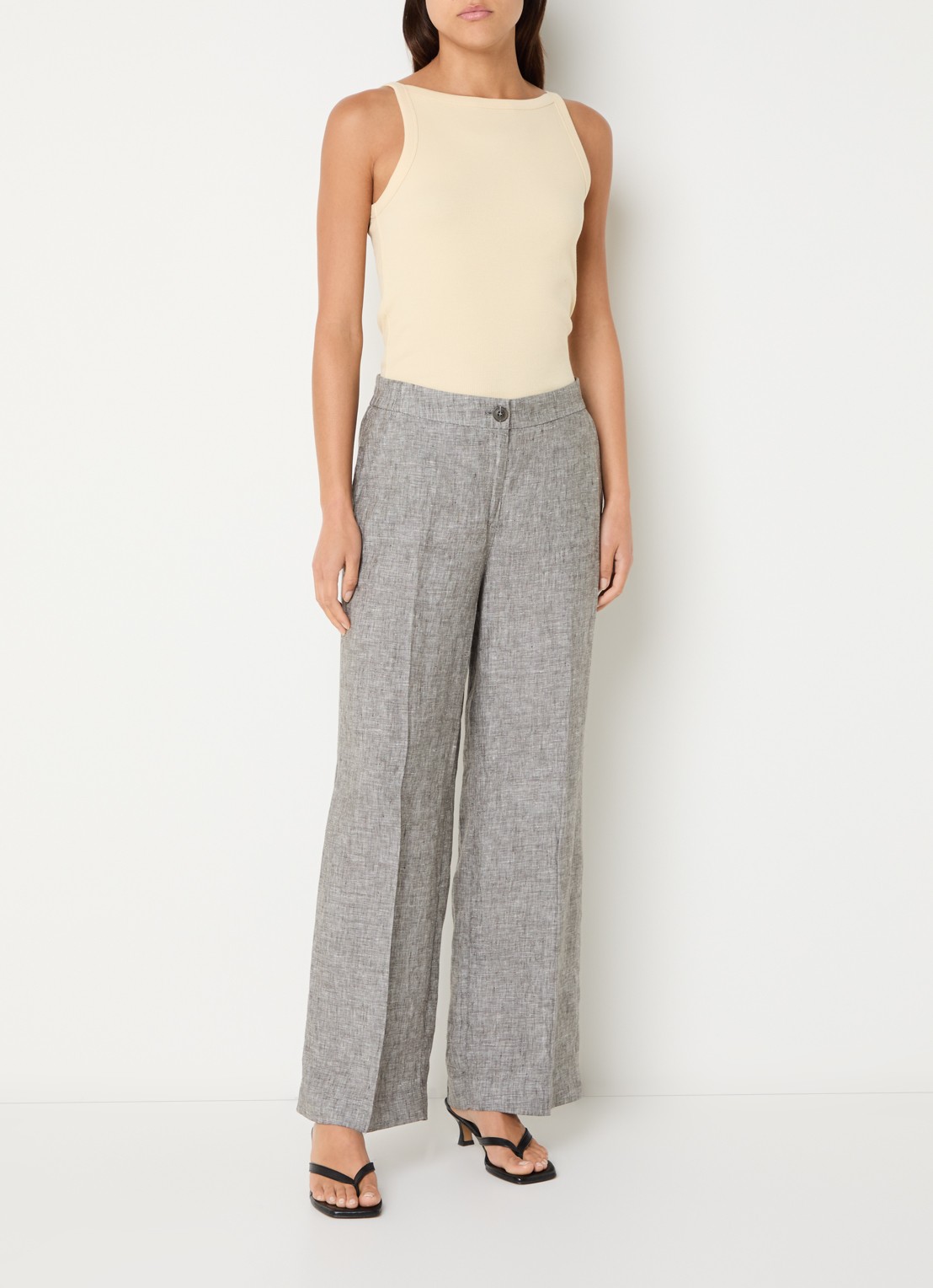 OPUS Maikito high waist flared fit pantalon van linnen - voorkant 2 grijsmele