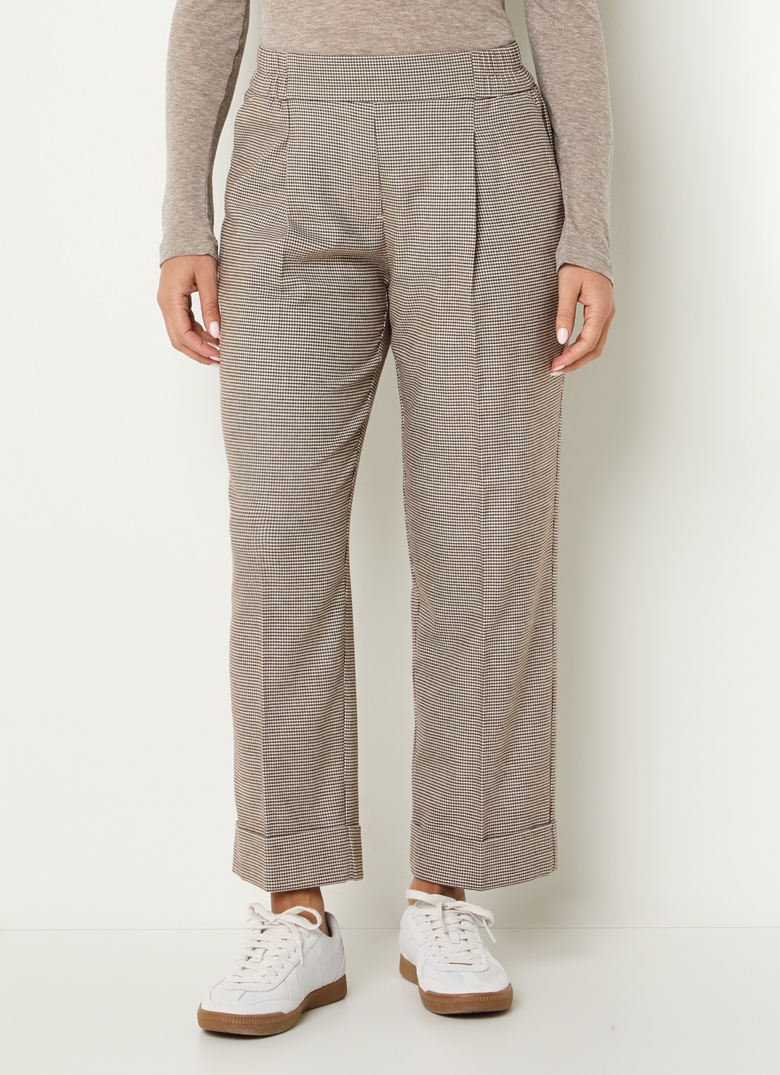 OPUS Maikito Pepita mid waist cropped straight leg broek met pied-de-poule dessin - detail 4 zand