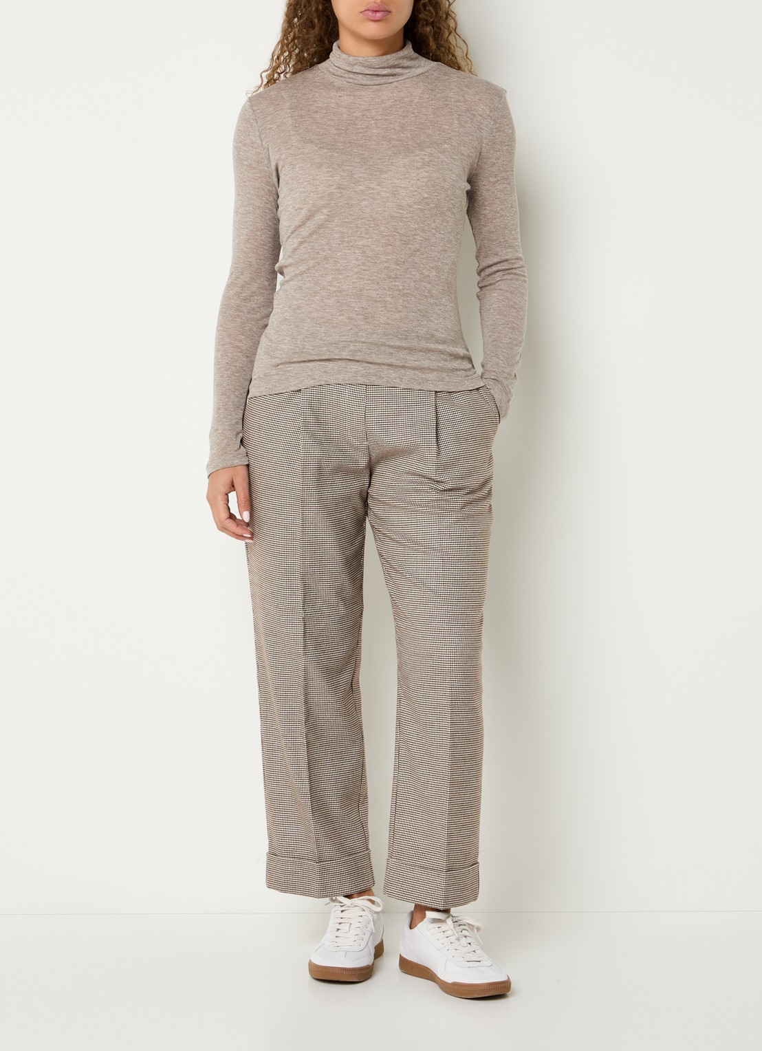 OPUS Maikito Pepita mid waist cropped straight leg broek met pied-de-poule dessin - voorkant 3 zand