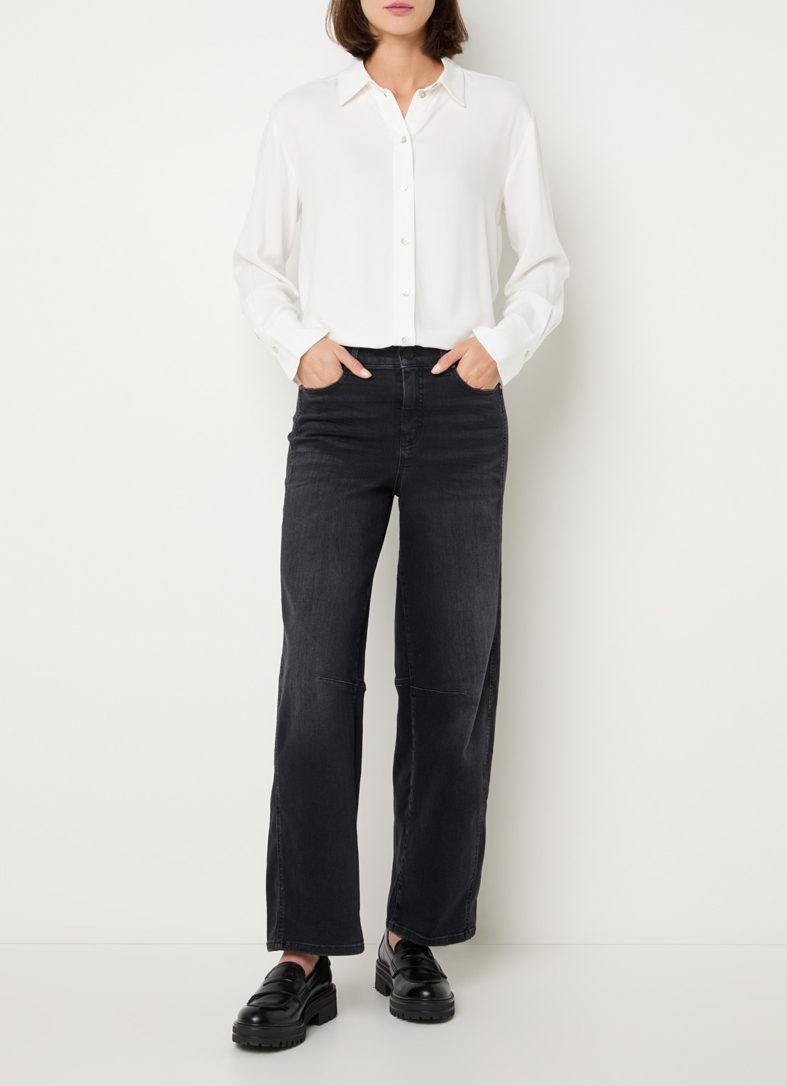 OPUS Melly mid waist tapered jeans met steekzakken - voorkant 3 antraciet