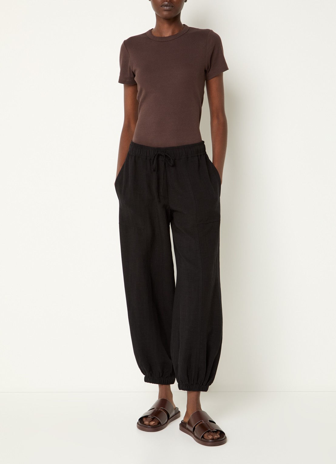 OPUS Myha Oasis high waist cropped tapered fit broek in linnenblend - voorkant 3 zwart