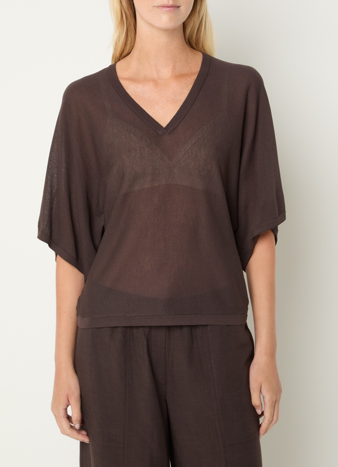OPUS Myha Oasis high waist cropped tapered fit broek in linnenblend - detail bruin