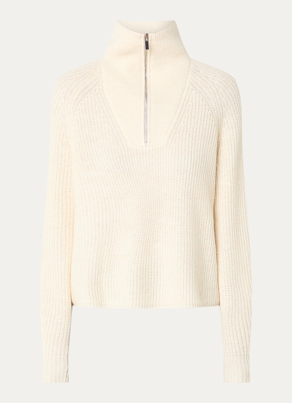 OPUS Poy grofgebreide trui in alpaca wolblend met halve rits - voorkant 3 gebroken wit