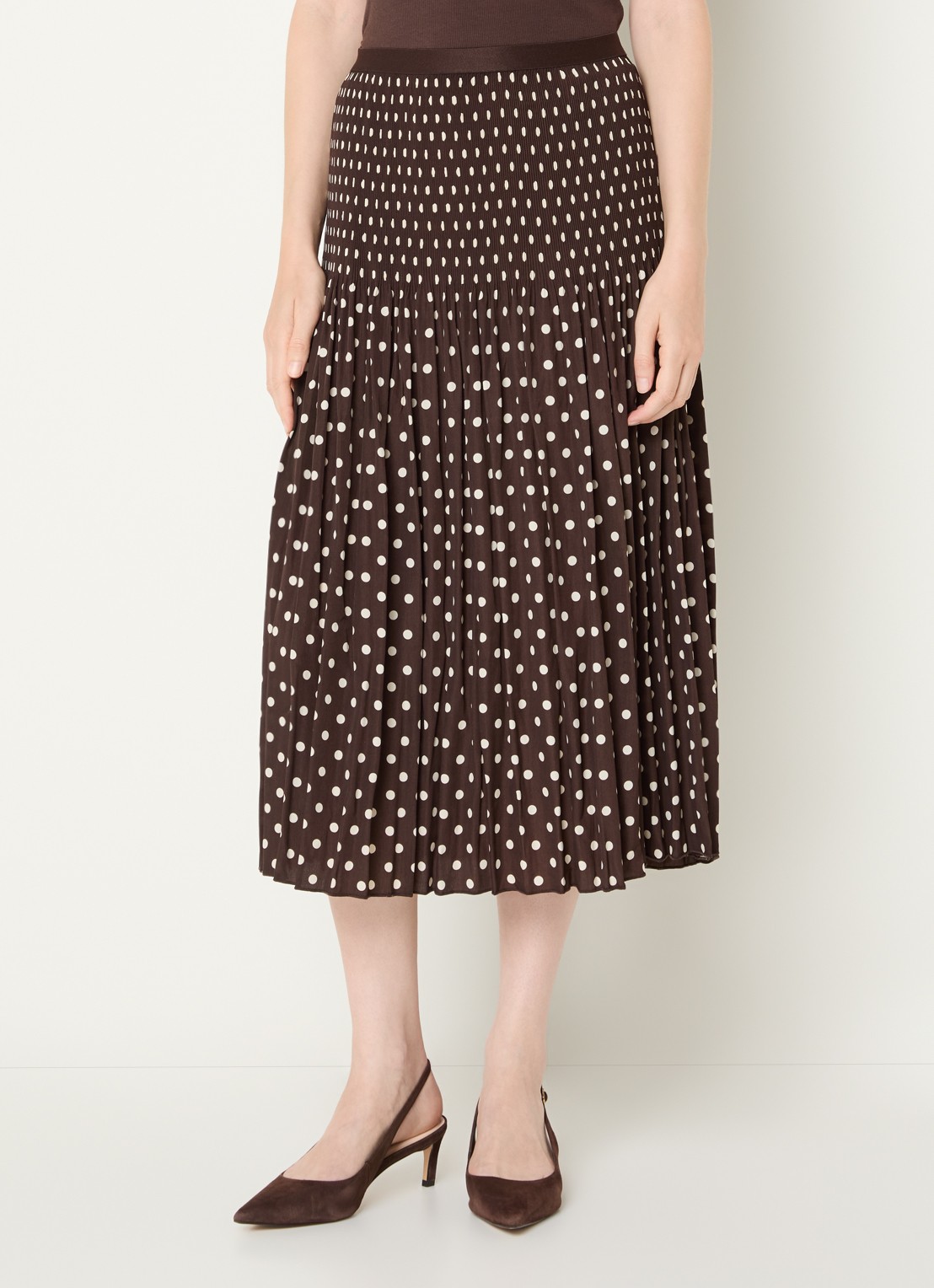 OPUS Ribane midi rok met stippenprint - detail 2 donkerbruin