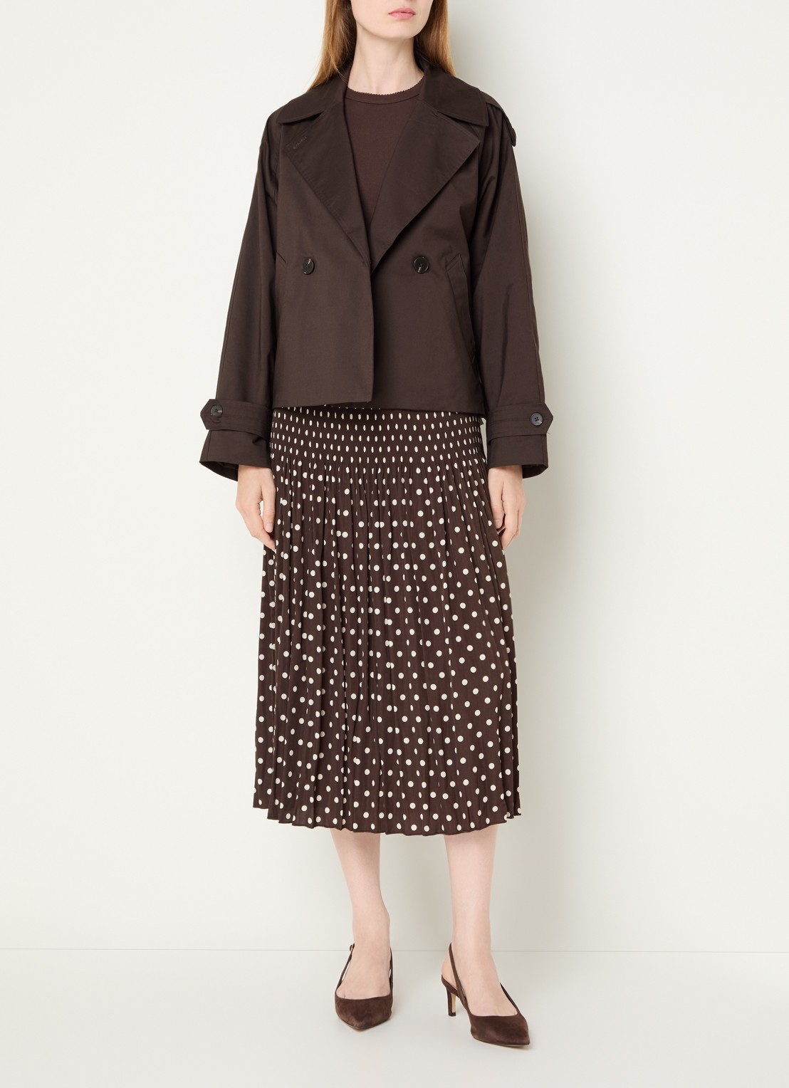 OPUS Ribane midi rok met stippenprint - voorkant 4 donkerbruin