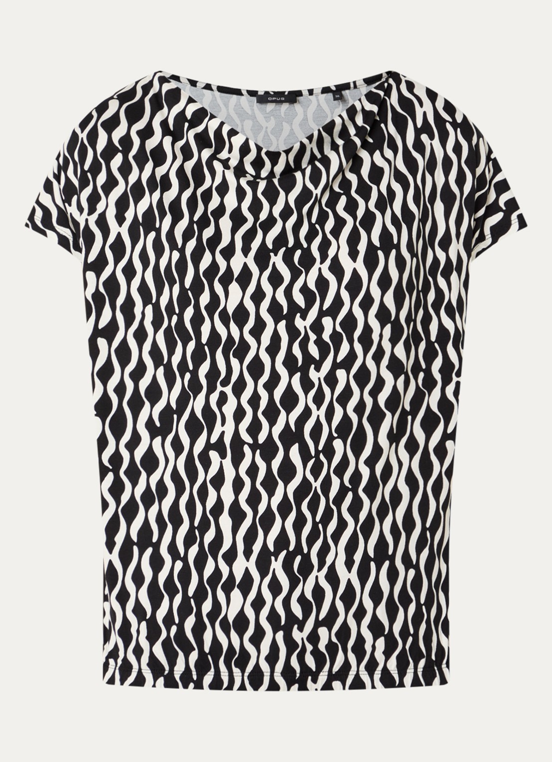 OPUS Sapaya top met print en watervalhals - voorkant 2 zwart