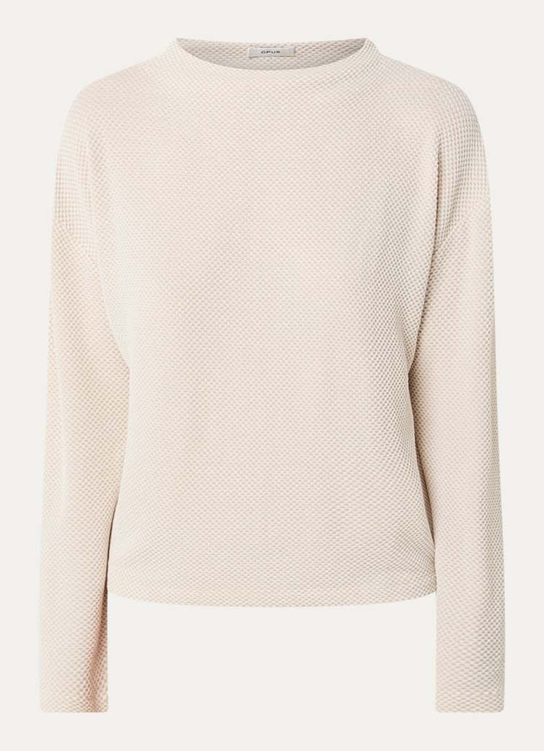 OPUS Serata top met opstaande kraag en print - voorkant beige