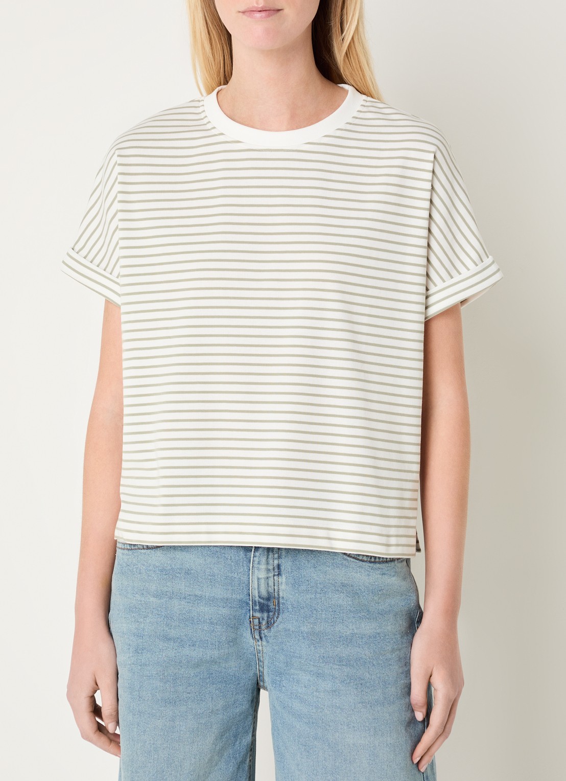 OPUS Sotel T-shirt met streepprint - detail 2 olijfgroen
