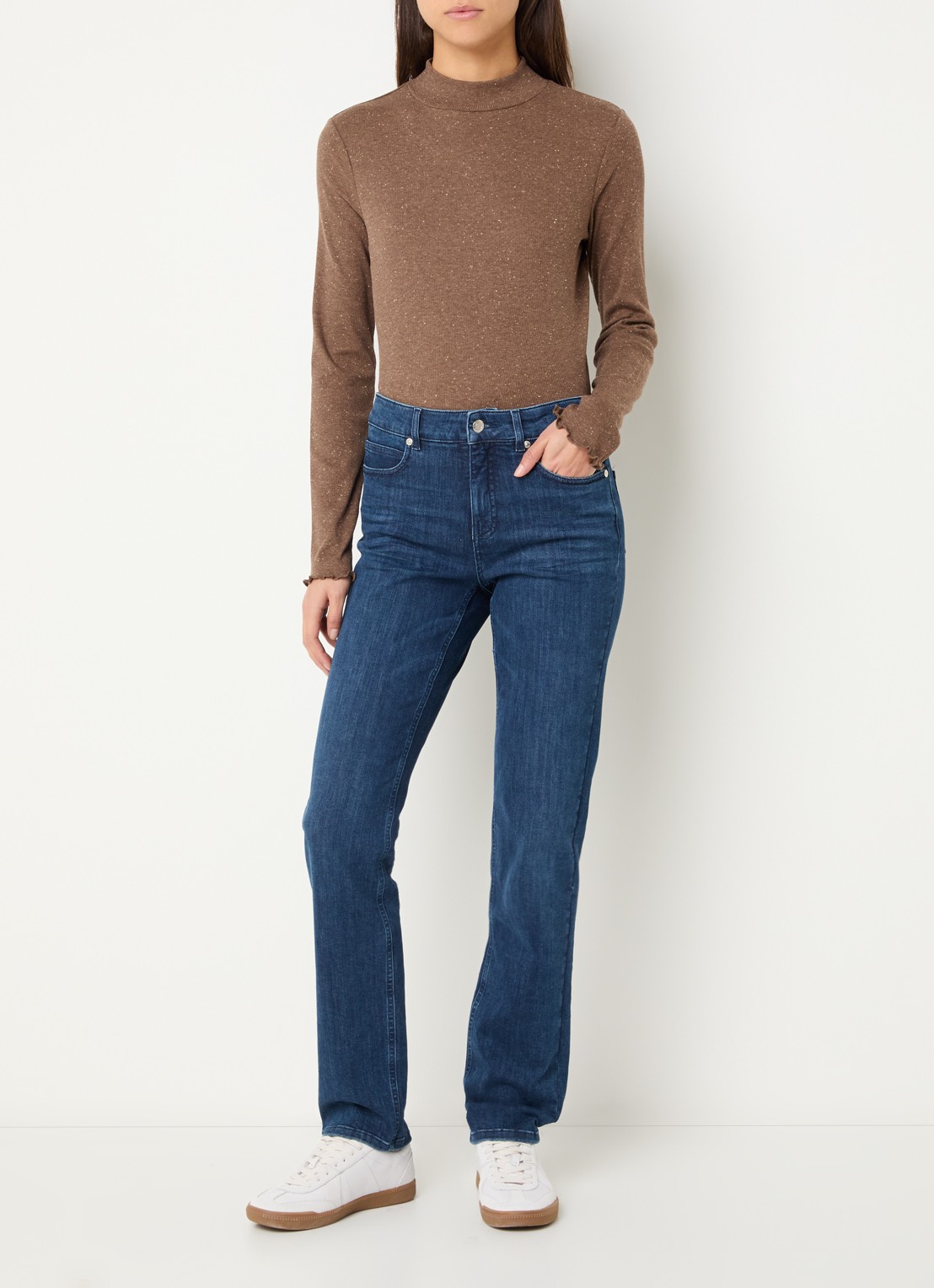 OPUS Suhanna longsleeve met stippenprint en gemêleerd dessin - voorkant 2 bruin