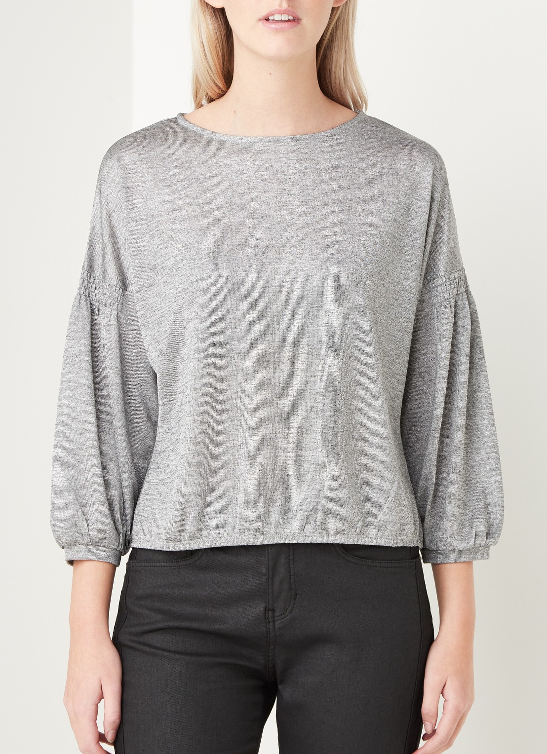 OPUS Sulba fijngebreide top met lurex en pofmouw - detail 3 zilver