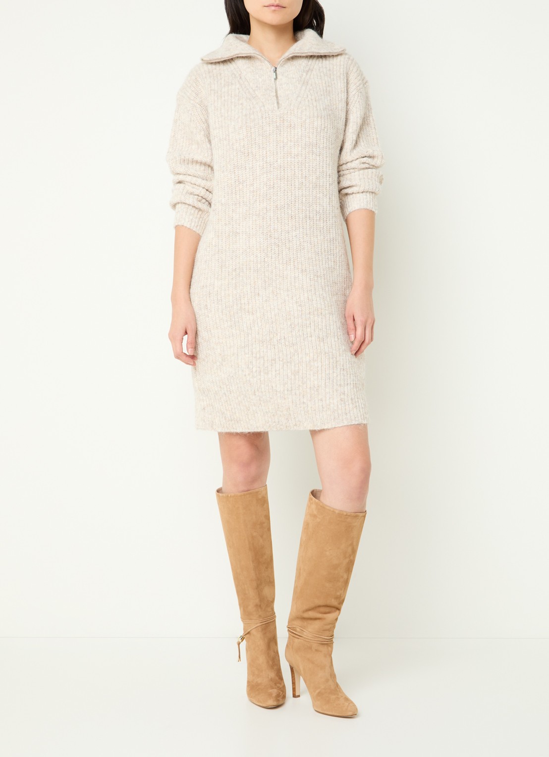 OPUS Wonelli grofgebreide mini trui-jurk in wolblend met halve rits - voorkant 4 creme