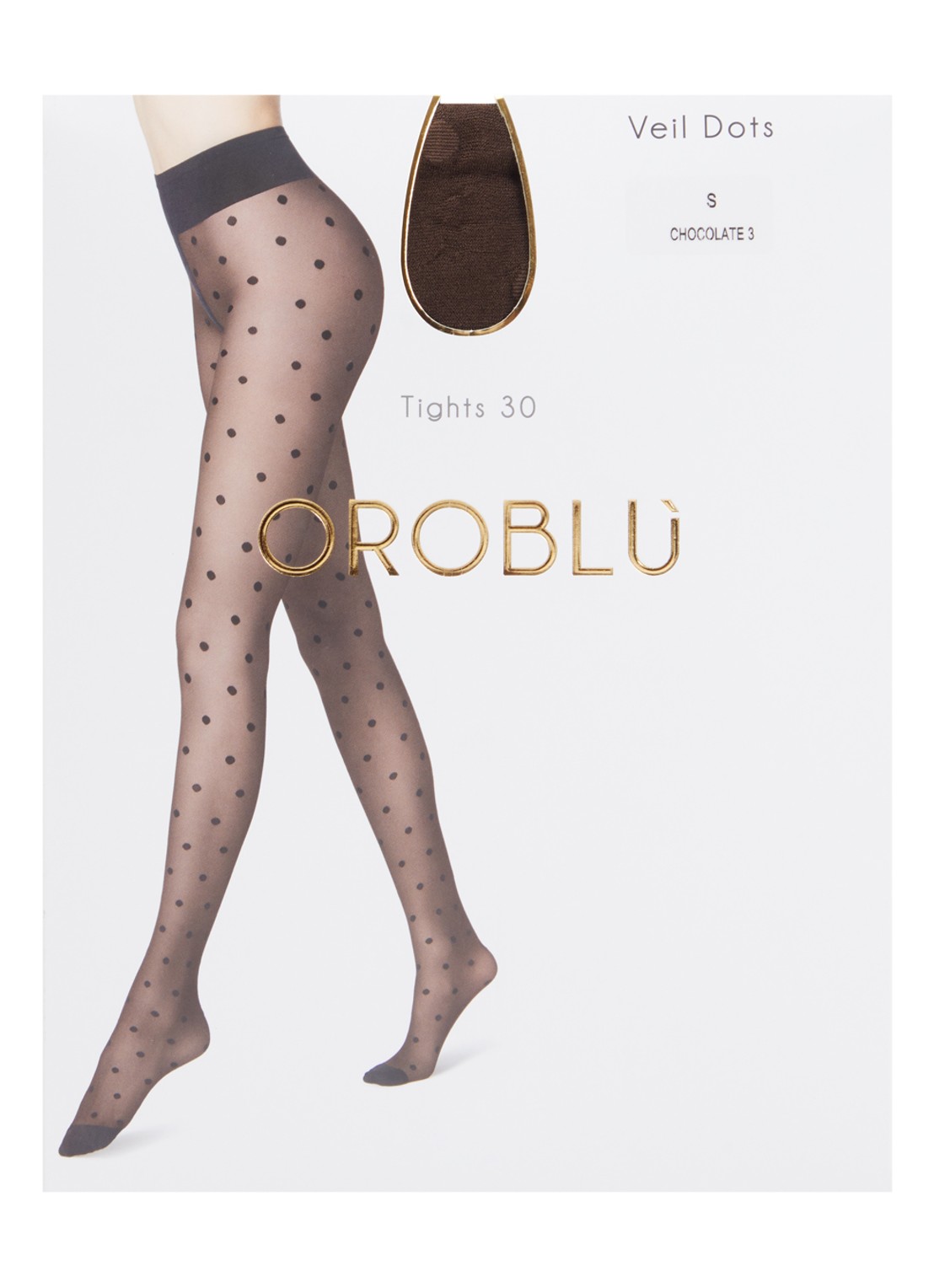 Oroblu Veil Dots panty met stippenprint in 30 denier - voorkant chocoladebruin