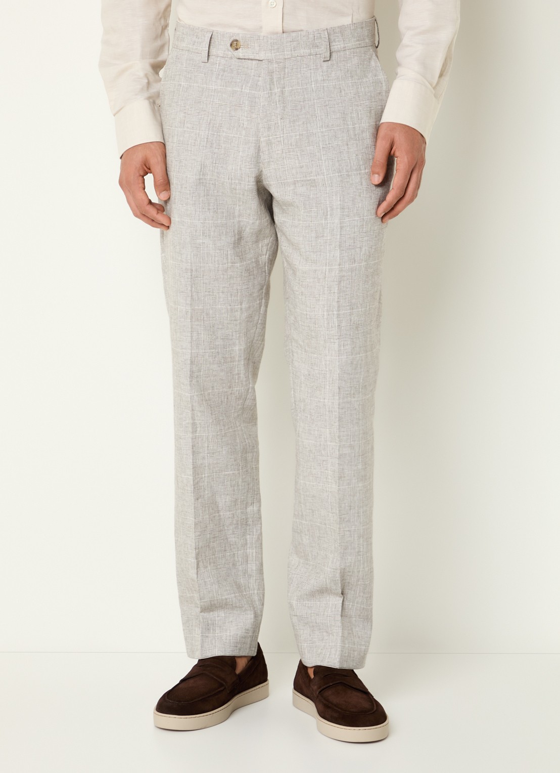 Oscar Jacobson Dandy pantalon in linnenblend met ruitdessin - detail 4 lichtgrijs