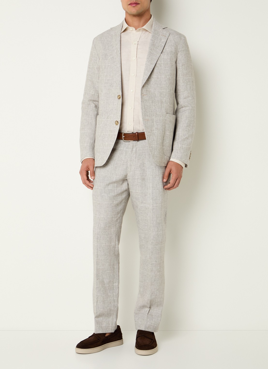 Oscar Jacobson Dandy pantalon in linnenblend met ruitdessin - voorkant 2 lichtgrijs