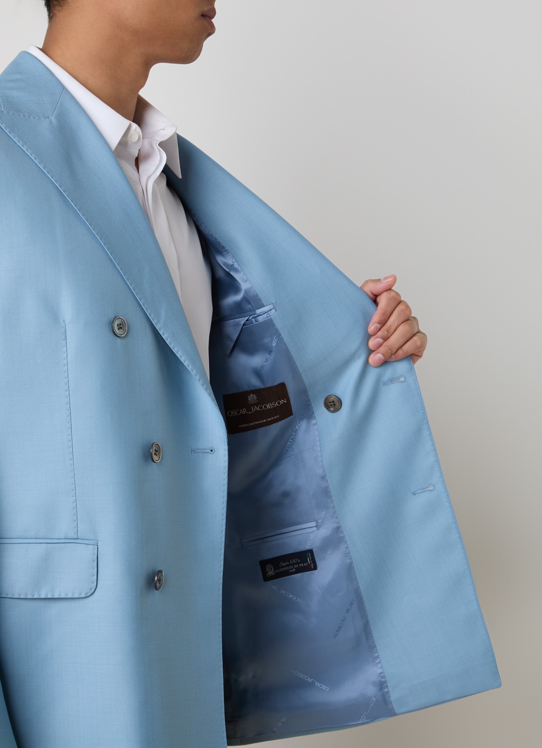Oscar Jacobson Farris regular fit double-breasted colbert van wol met klepzakken - detail 2 lichtblauw